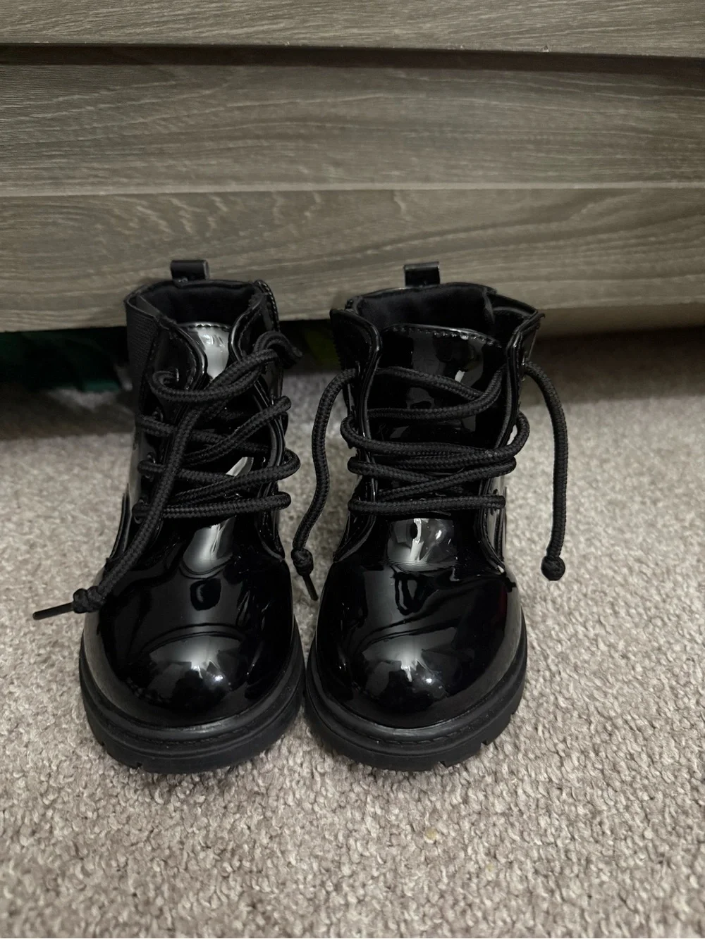 Kids Glossy Black Lace-Up Ankle Boots